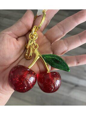 Red Cherry Bag Charm Keychain Resin & Enamel Large Boho Cottagecore Fairycore